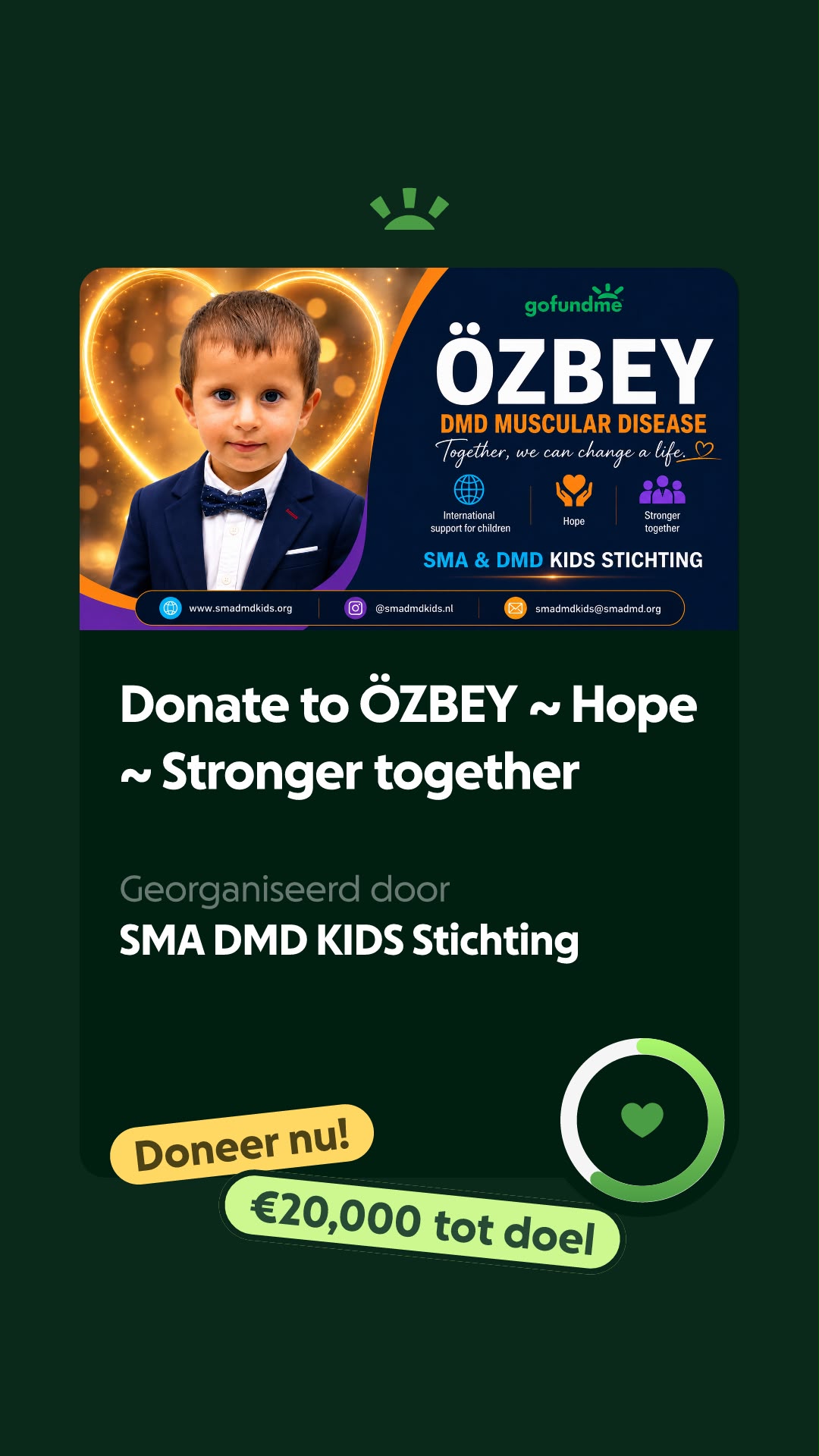 SMA & DMD KIDS Stichting'in Özbey için başlattığı GoFundMe kampanyasının görseli