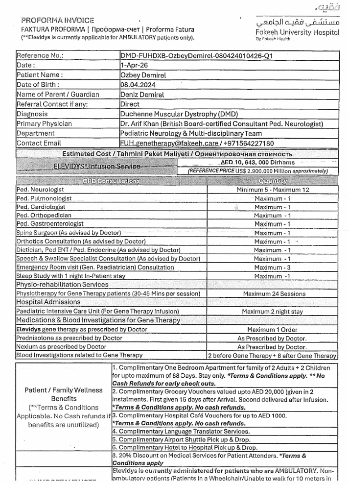 Dubai Fakeeh University Hospital tedavi proforma faturası