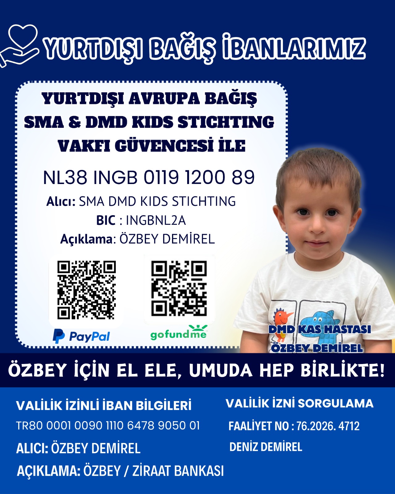 Yurt dışı bağış afişi — SMA & DMD KIDS Stichting güvencesiyle Hollanda IBAN'ı, PayPal ve GoFundMe QR kodları