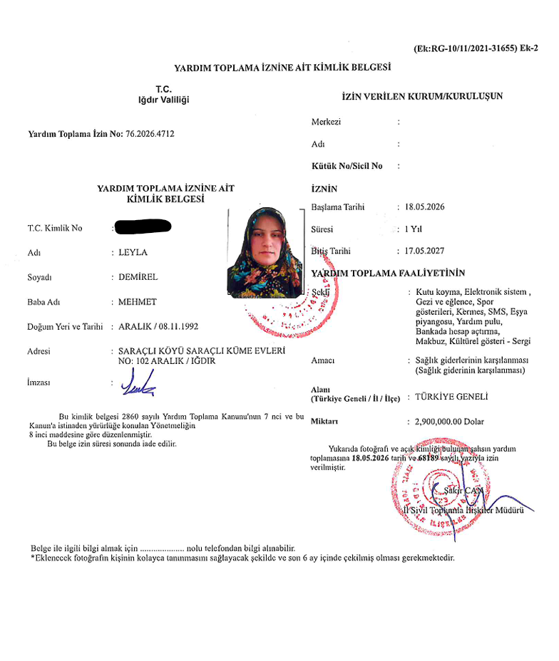 Leyla Demirel adına yardım toplama kimlik belgesi