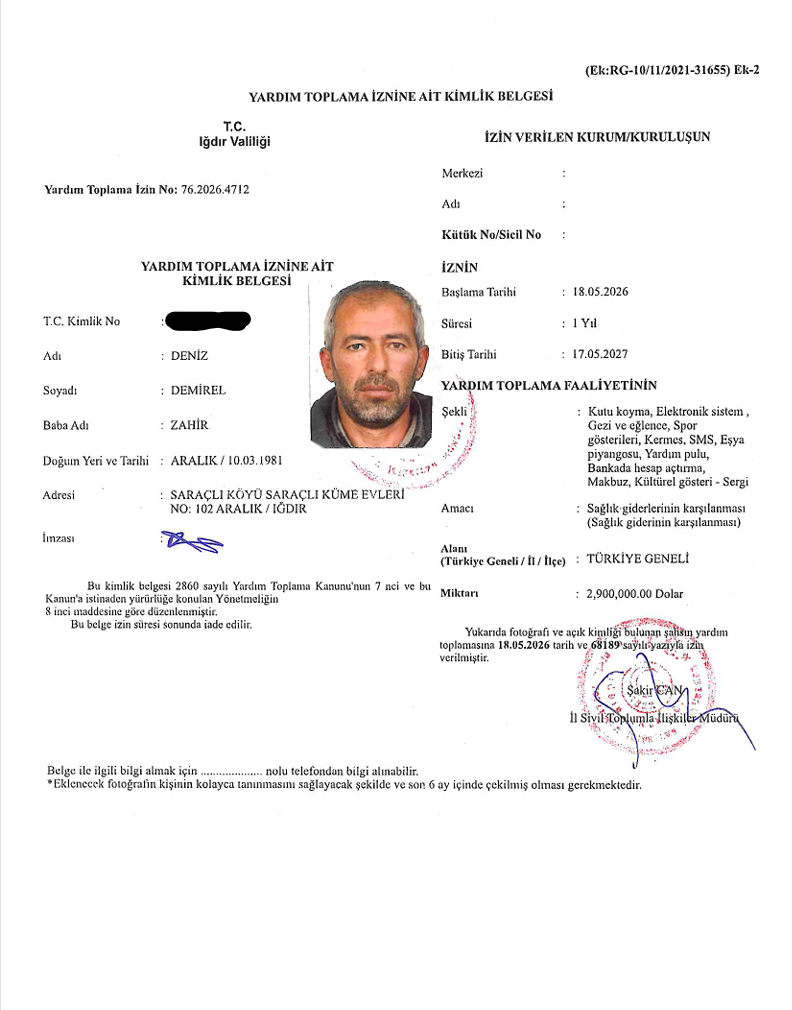 Deniz Demirel adına yardım toplama kimlik belgesi