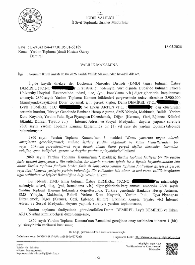 Valilik yardım toplama izin yazısı